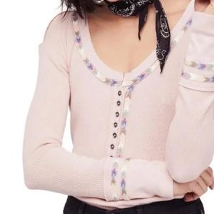 FREE PEOPLE Rainbow Thermal Henley Top | Pink | Size- M